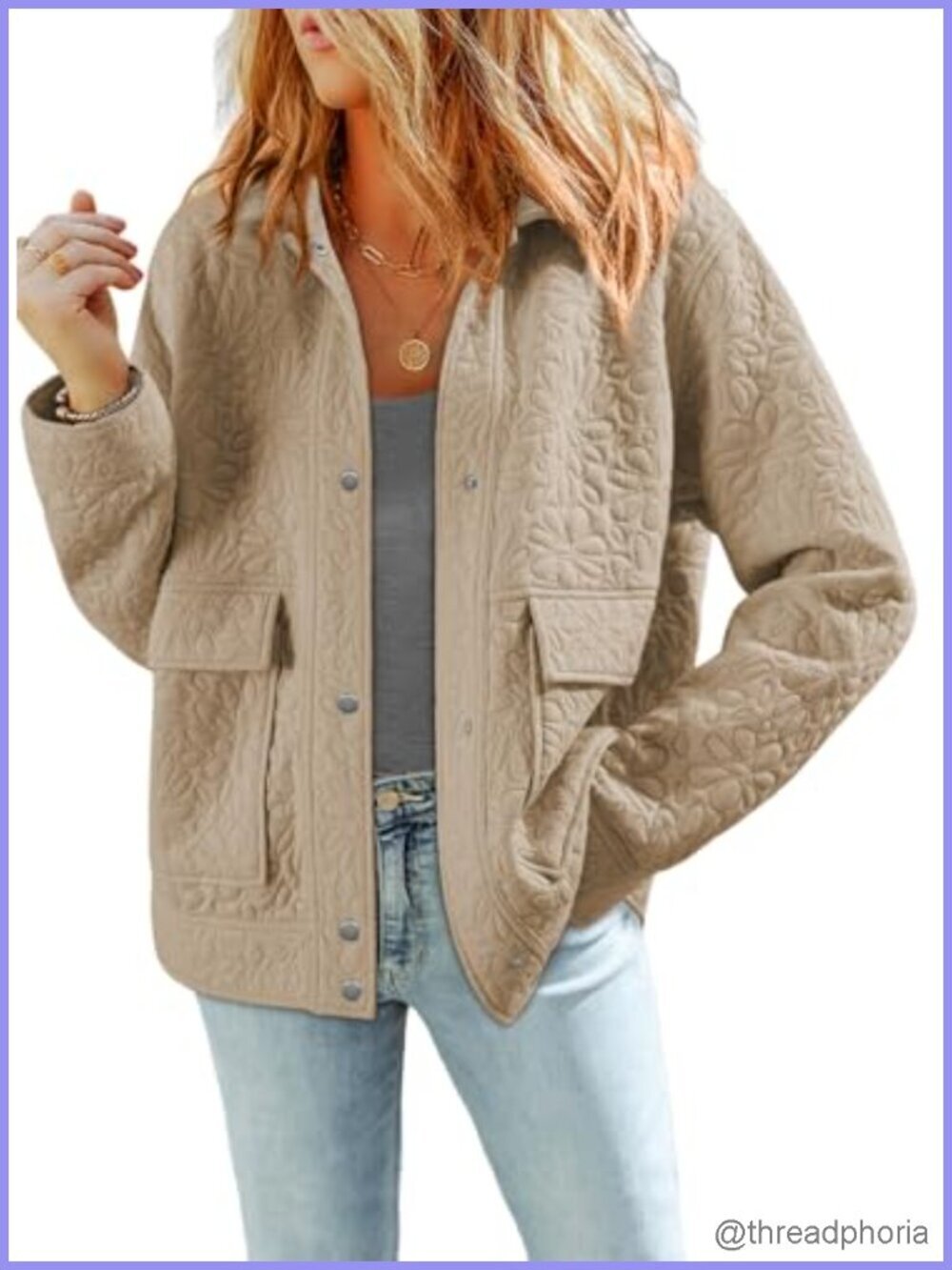 Casual Long Sleeve Collared Jacquard Button Down Shacket Jacket with Pockets